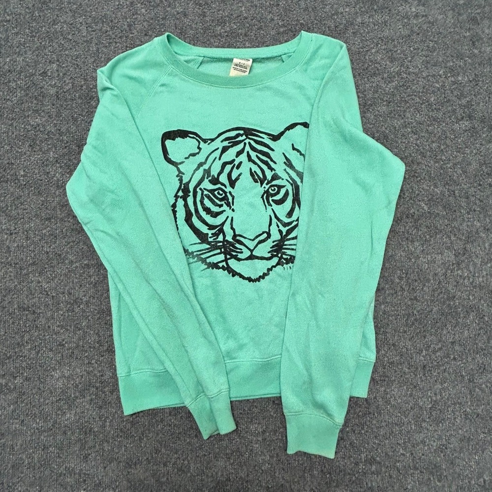 PINK Sweatshirt Womens Size S Mint Green Tiger Graphic Raglan Crewneck Pullover